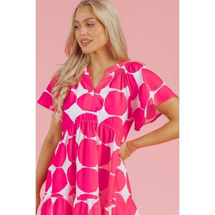 Rose Polka Dot Flutter Sleeve Notched Neck Tiered Flowy Dress