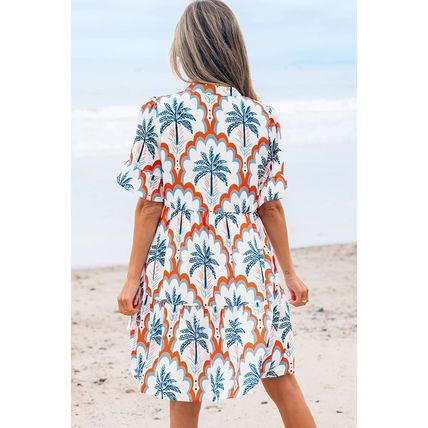 Orange Contrast Palm Tree Printed Short Sleeve Flowy Dress