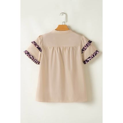 Smoke Gray Leopard Ruffles Trim Tiered Short Sleeve Blouse