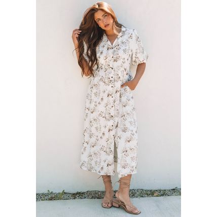Khaki Floral Puff Sleeve V Neck Buttoned Front Maxi Dress