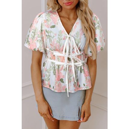 Pink Floral Puff Sleeve V Neck Tied Front Peplum Blouse