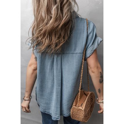 Dusk Blue Folded Short Sleeve Patched Pocket Denim Shirt
