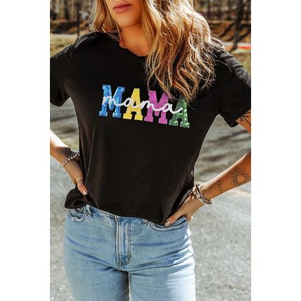 Black Sequin MAMA Double Letter Graphic Tee