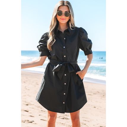 Black Button Up Tie Waist Puff Sleeve Mini Dress