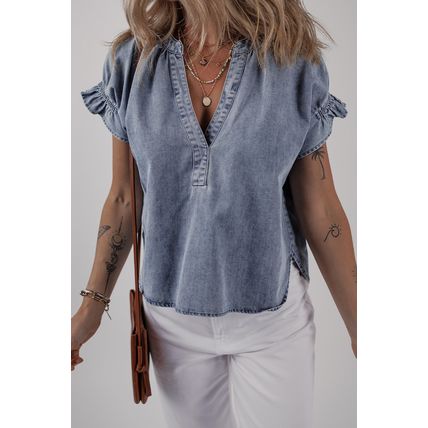 Dusk Blue V Neck Ruffled Short Puff Sleeve Denim Top