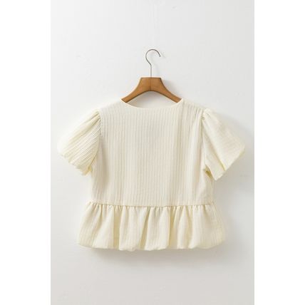 White Textured Bow Ties Front Bubble Hem Puff Short Sleeve Blouse