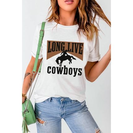 White LONG LIVE Cowboys Western Graphic Loose Tee