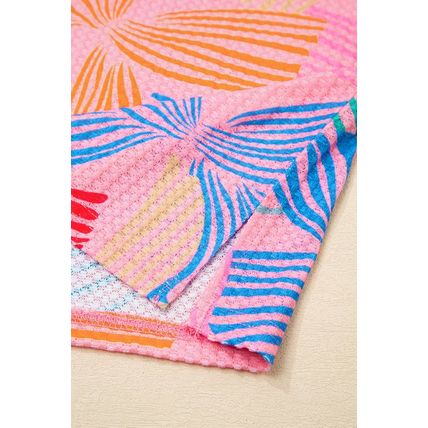 Pink Bowknot Printed Waffle Crewneck Loose Short Sleeve Top