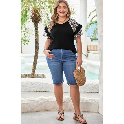 Black Leopard Ruffle Patchwork Sleeve Plus Size Summer Top