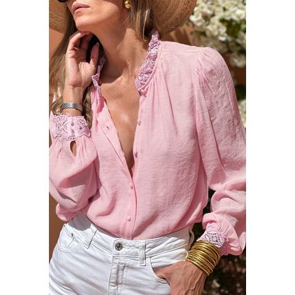 Gossamer Pink Lace Patchwork Edge Collarless Button Up Shirt
