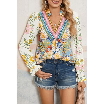 Sky Blue Floral Print Ruffled Long Sleeve Crochet Trim V Neck Blouse