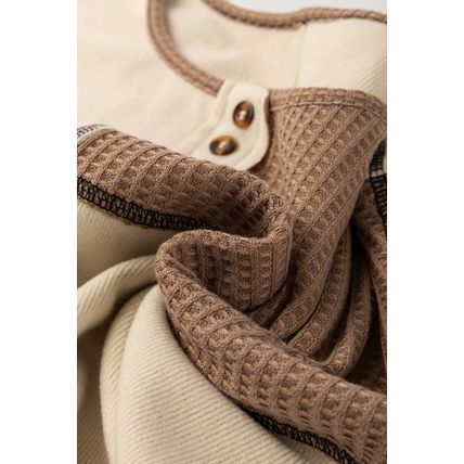 Beige Color Block Waffle Knit Stitch Detail Long Sleeve Top