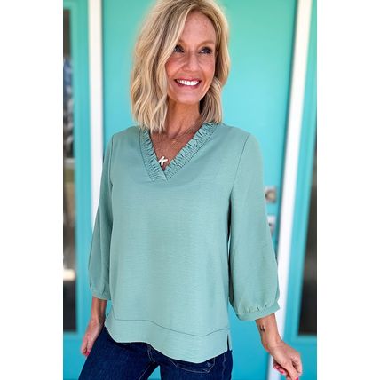 Moonlight Jade Frilled V Neckline Bracelet Sleeve Crinkled Blouse