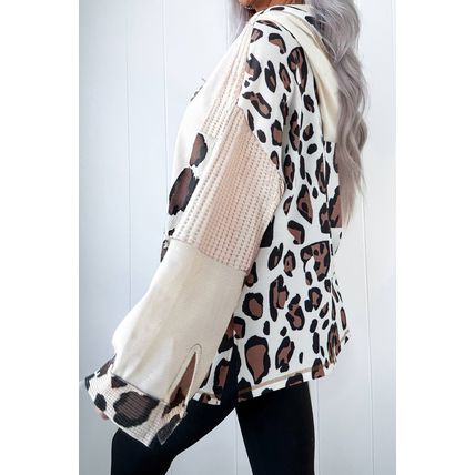 Apricot Oversized Leopard Contrast Mixed Texture Patchwork Zip Up Drop Shoulder