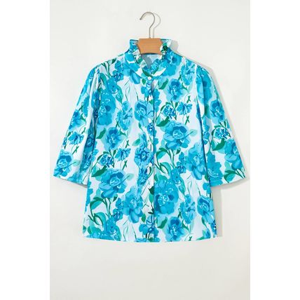 Green Floral Frilled Collar Three Quarters Sleeve Elegant Shirt