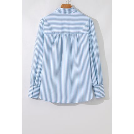 Sky Blue Stripe Shirred Detail Half Placket Collared Long Sleeve Fall Shirt