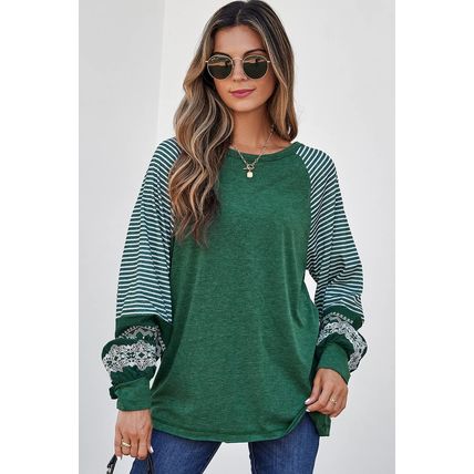 Blackish Green Contrast Print Striped Raglan Long Sleeve Loose Top