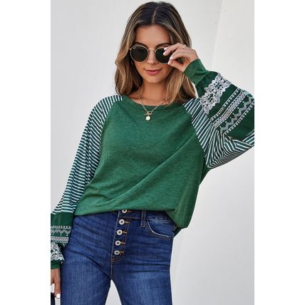 Blackish Green Contrast Print Striped Raglan Long Sleeve Loose Top