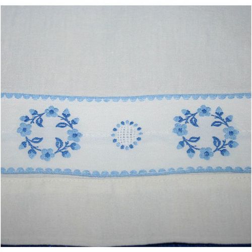 Vintage 1970 Blue White Embroidered Linen Sheet Size 82" X 126" French Rare