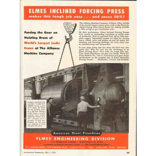 american steel foundries 1953 elmes inclined forcing press vintage ad