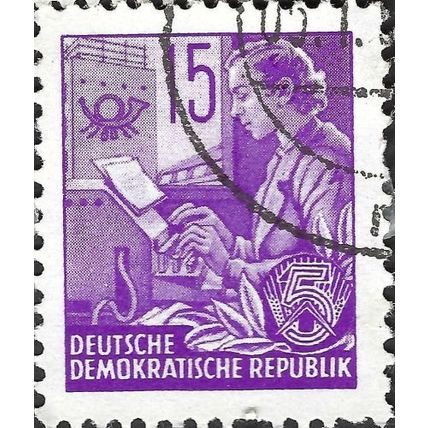 GERMAN DEM REP, 5 year plan, Teletypist (dots), violet 1954, 15pf, #3