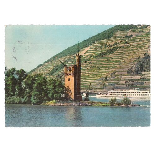 BINGER MAUSETURM, RHEIN, GERMANY used vintage postcard 1962 =
