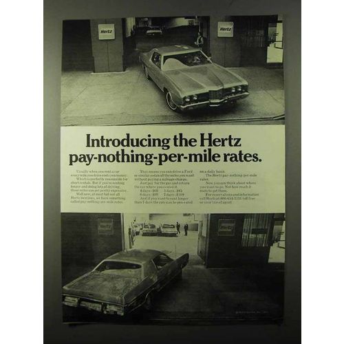 1971 Hertz Rent-a-Car Ad - Pay-Nothing-Per-Mile Rates