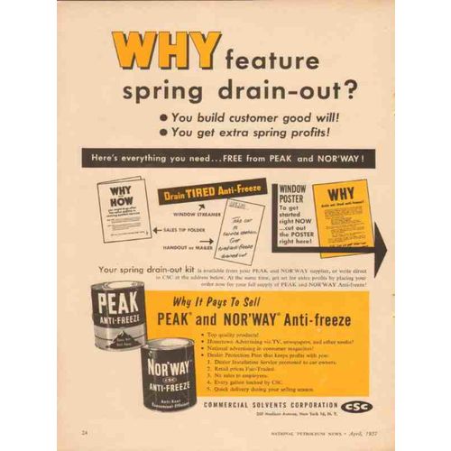 COMMERCIAL SOLVENTS CORP 1957 Peak anti-freeze drain-out vintage ad
