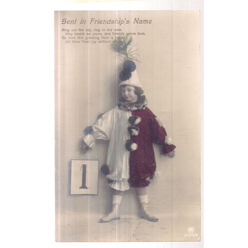 NEW YEAR used antique postcard by Carlton Publishing Co..clown outfit #