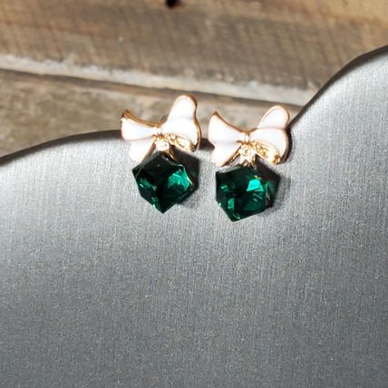 Crystal & Gold Stud Earrings - Box/Present & Bow. Emerald Green