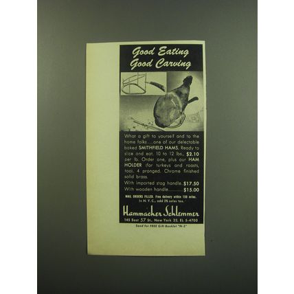 1949 Hammacher Schlemmer Smithfield Hams and Ham Holder Ad - Good eating
