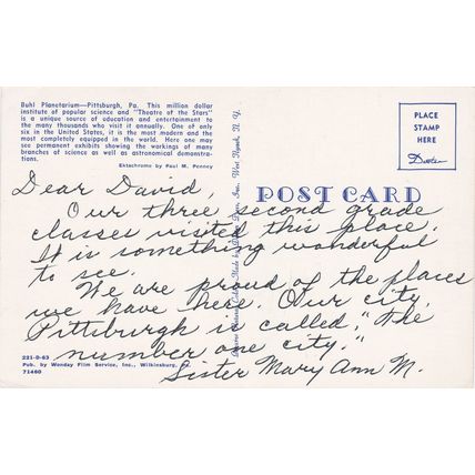Standard size printed postcard Buhl Planetarium Pittsburgh Pennsylvania