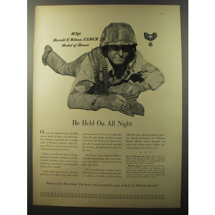 1953 U.S. defense bonds Ad - He held on all night