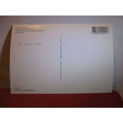 KITCHEN , GIVERNY, CLAUDE MONET, FRANCE unused postcard dated 1997 =