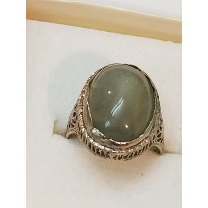 Art Deco 14k White Gold Genuine Green Moonstone Filigree Ring