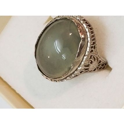 Art Deco 14k White Gold Genuine Green Moonstone Filigree Ring
