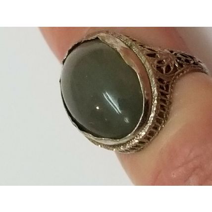Art Deco 14k White Gold Genuine Green Moonstone Filigree Ring