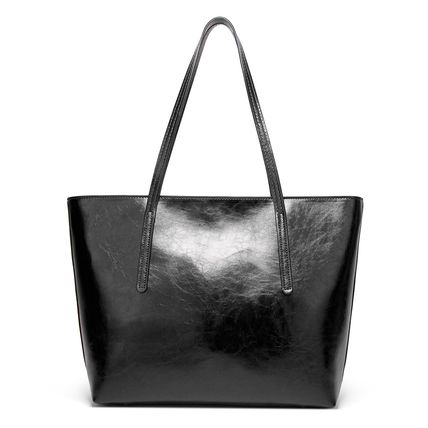 Ladies' Large Capacity Oil Wax Leather Shoulder Bag Tote Bag Black