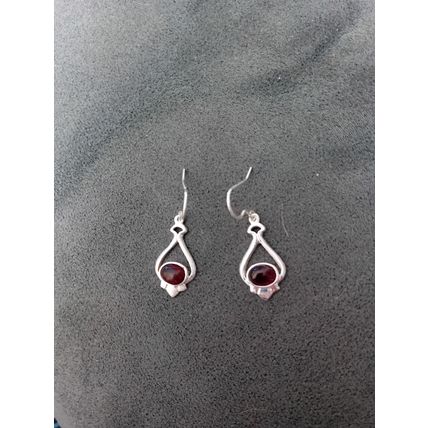 Silver Red Garnet Tear Shape Drop Earrings
