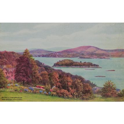 Art postcard Holme Island & Arnside from Grange-over-Sands, by A.R. Quinton