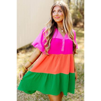 Multicolor Color Block Tiered Puff Sleeve Dress