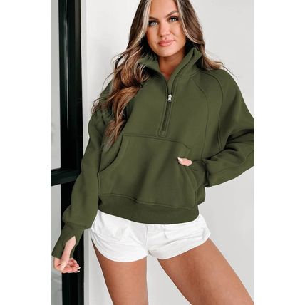 Green Zip Up Stand Collar Ribbed Thumbhole Sleeve Sweatshirt