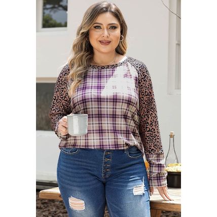 Chestnut Plus Size Leopard Raglan Sleeve Plaid Top