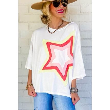 White Colorblock Star Patched Half Sleeve Oversized Tee