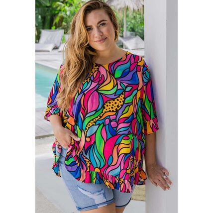 Rose Abstract Print Plus Size Frilly Trim Blouse