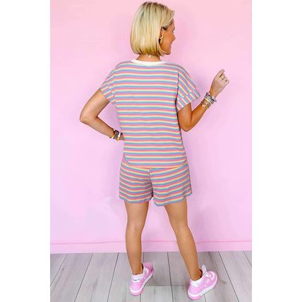 Pink Stripe Crew Neck Tee and Tasseled Drawstring Shorts Set