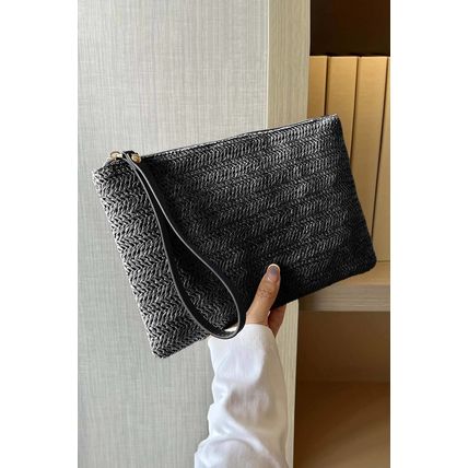 Black Straw Woven Wrist Strap Zipper Large Wallet