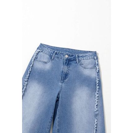 Beau Blue Vintage Stitching Raw Hem Flared Jeans