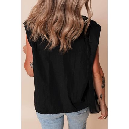 Black Flap Pockets Zip Up High Neck Vest