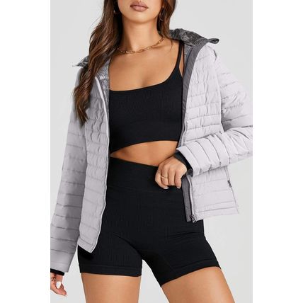 Silvery Solid Color Quilted Zip-up Puffer Jacket